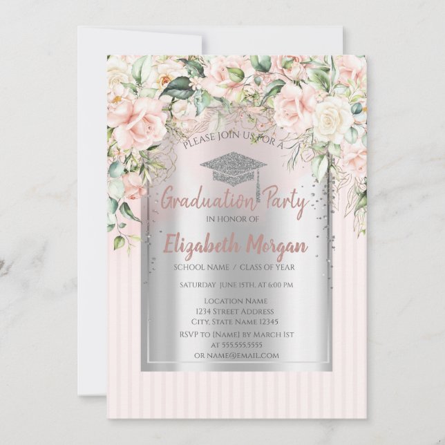 Roses Silver Grad Cap Striped Graduation  Invitation (Front)
