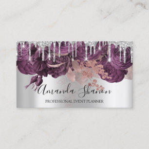 Roses Silver Grey Glitter Drip Logo Event Planner Business Card