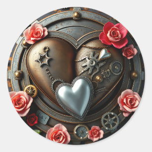 Roses, Silver Heart and Metal Gears Steampunk Classic Round Sticker