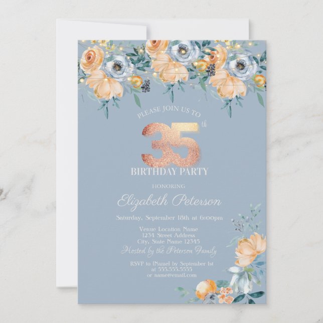  Roses String Lights Dusty Blue 35th Birthday Invitation (Front)