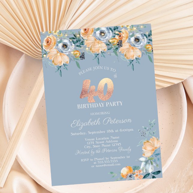  Roses String Lights Dusty Blue 40th Birthday Invitation (Creator Uploaded)