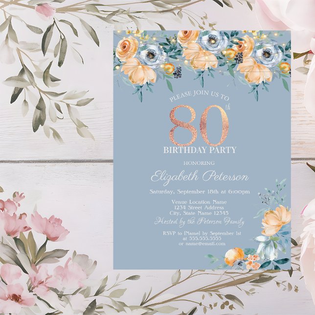  Roses String Lights Dusty Blue 80th Birthday Invitation (Creator Uploaded)