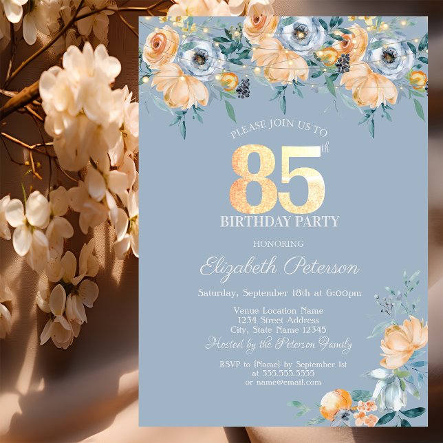  Roses String Lights Dusty Blue 85th Birthday Invitation (Creator Uploaded)
