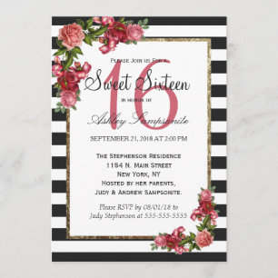 Roses Stripes and Gold Sweet 16 Invitations