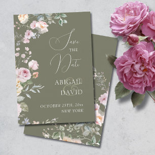 Roses sur fond vert olive pour le faire-part de ma