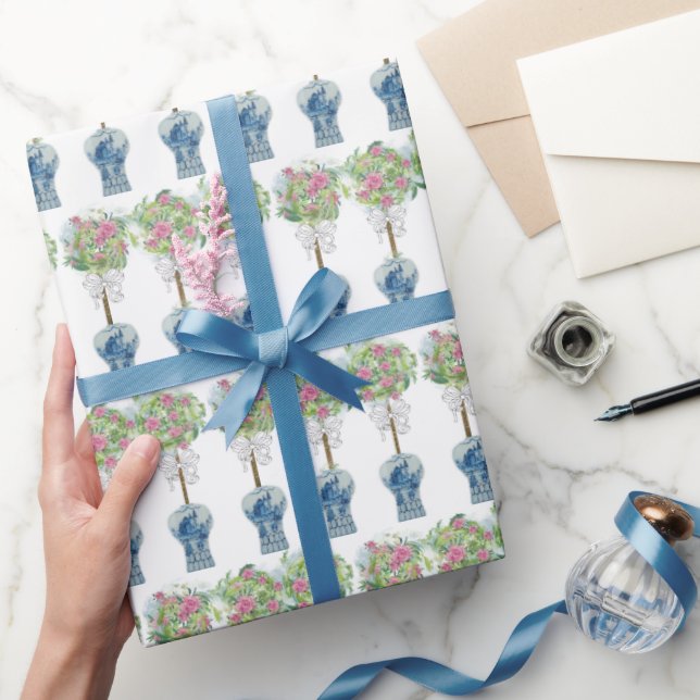 Roses Topiary Blue and White Ginger Jar Wrapping Paper (Gifting)