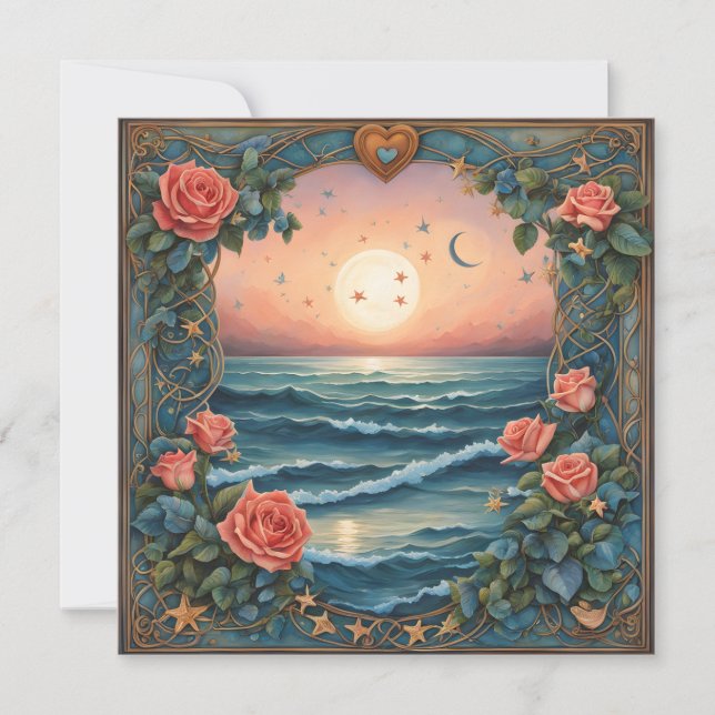Roses Two Moons Ocean Seashells Valentine Holiday Card (Front)