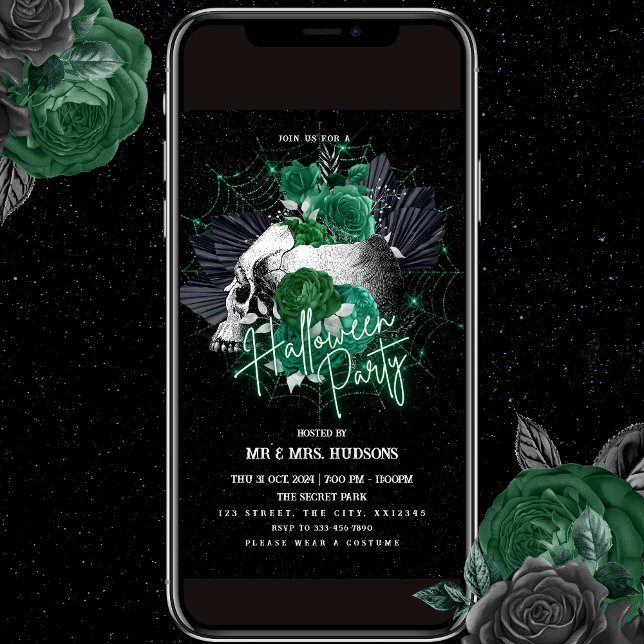 Roses verts et crâne Halloween Party Invitation (Créateur téléchargé)