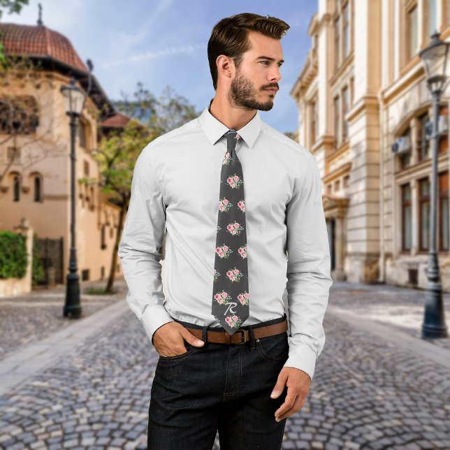 Roses Vintage Charcoal Personalize Initial Tie (Creator Uploaded)