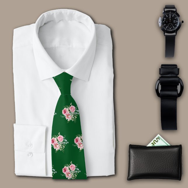 Roses Vintage Green Personalize Initial Tie (Creator Uploaded)
