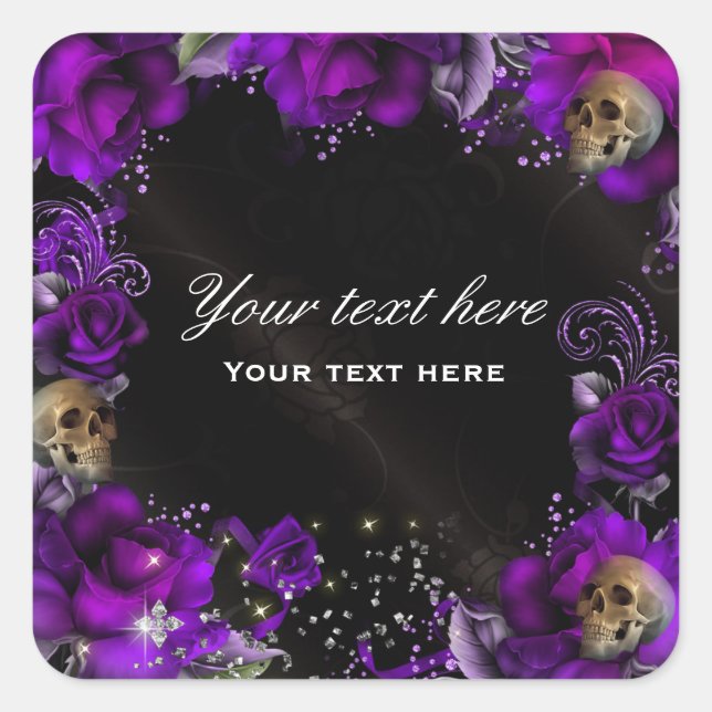 Roses violets + Crânes Étiquette gothique Sticker (Devant)