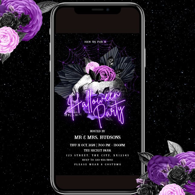 Roses violets et crâne Halloween Party Invitation (Créateur téléchargé)