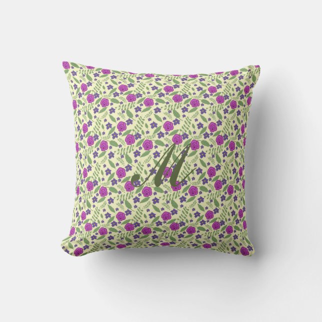 Roses violets leaves pattern monogram Throw Pillow (Front)