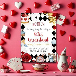 Roses Watercolor Alice in Onederland Birthday Invitation