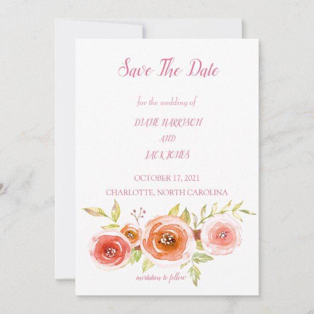 Roses Watercolor Floral Wedding Save The Date Invitation (Front)