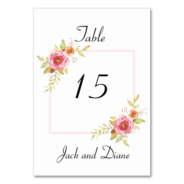 Roses Watercolor Floral Wedding Table Number (Front)