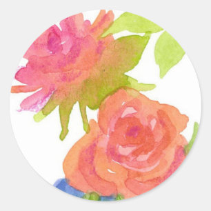 Roses Watercolor Flowers Pink Orange Painted Classic Round Sticker