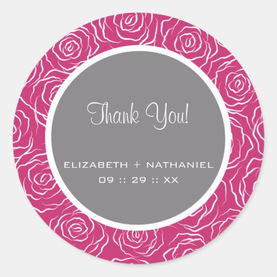 Roses Wedding Thank You Favour Stickers -hot pink