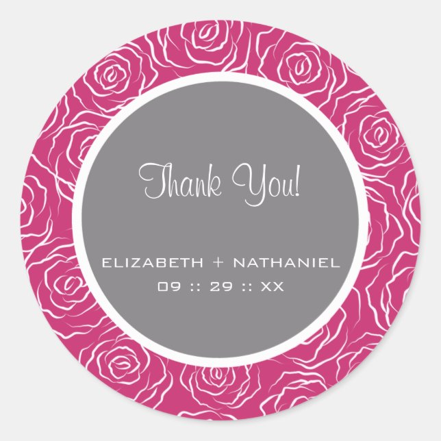 Roses Wedding Thank You Favour Stickers -hot pink (Front)
