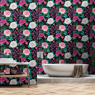 Roses White Pink Burgundy on Black Wallpaper