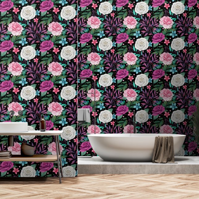 Roses White Pink Burgundy on Black Wallpaper (Bathroom)
