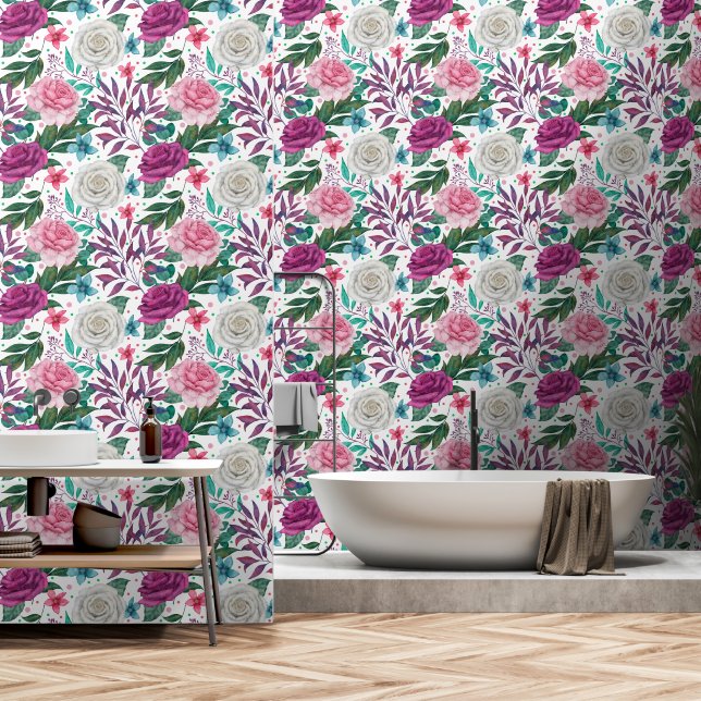Roses White Pink Burgundy on White Wallpaper (Bathroom)