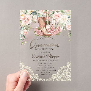 Roses Wine Boots Lace Quinceanera Acrylic Invitations