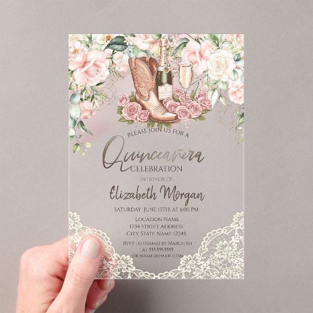 Roses Wine Boots Lace Quinceanera Acrylic Invitations (Insitu (Handheld))