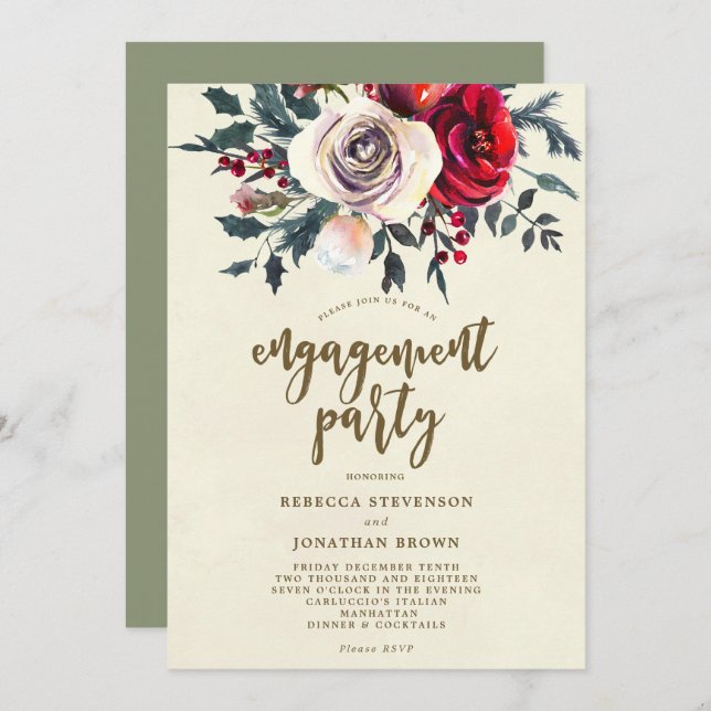 roses winter floral engagement party invitation (Front/Back)