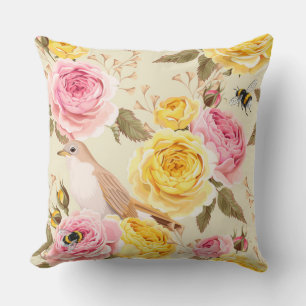 Roses with bird and bees throw pillow