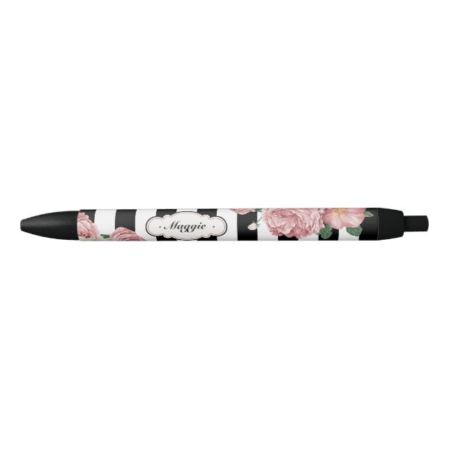 Roses with Black and White Stripes Black Ink Pen (Front)