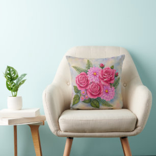 Roses with Dahlias Throw Pillow