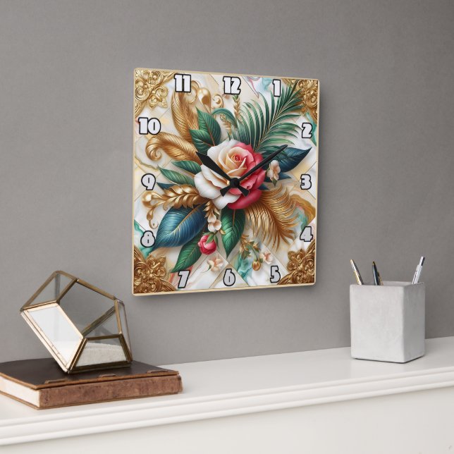 Roses With Gold Leaves on Marble Square Wall Clock (Office)