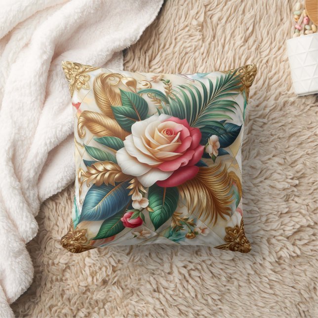 Roses With Gold Leaves on Marble Throw Pillow (Blanket)