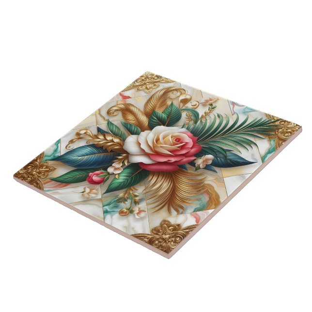 Roses With Gold Leaves on Marble Tile (Side)