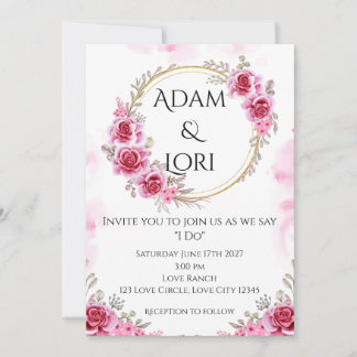 Roses with Pink & Gold Wedding Invitation