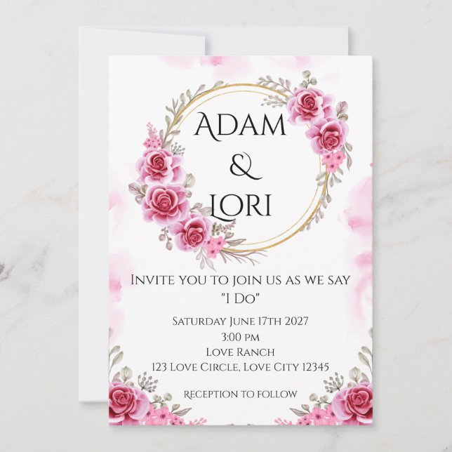 Roses with Pink & Gold Wedding Invitation (Front)