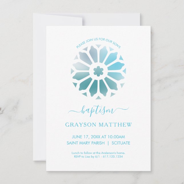 Rosette, Blue Baptism Invitation (Front)