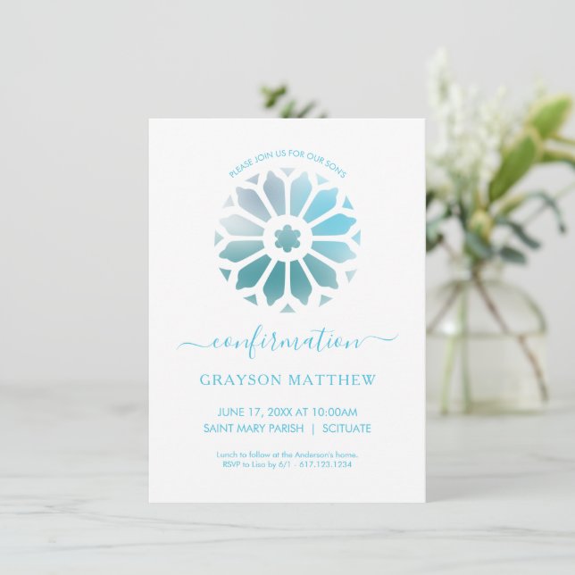 Rosette, Invitation de confirmation bleue (Debout devant)