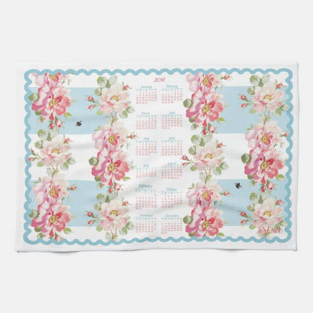 Rosewitha aqua stripe 2018 calendar kitchen towel (Horizontal)