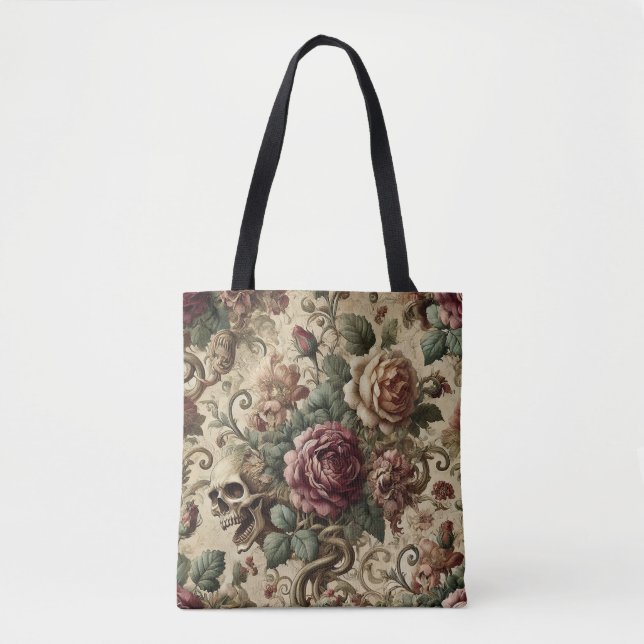 Rosewood Crematory – Gothic Skull & Floral Baroque Tote Bag (Front)