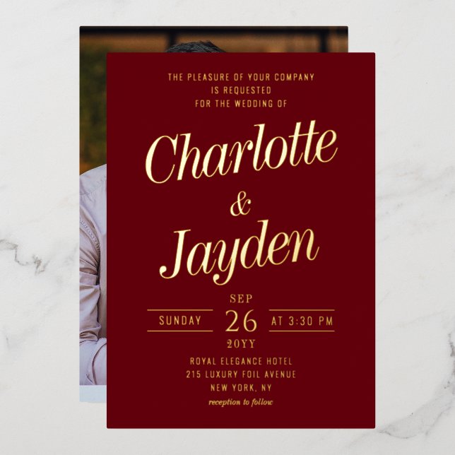 Rosewood Elegant Foil Script Photo Wedding (Front/Back)