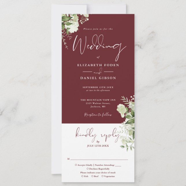 Rosewood Pink Floral Greenery All In One Wedding Invitation (Front)
