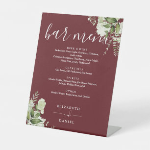 Rosewood Pink Floral Greenery Wedding Bar Menu Pedestal Sign