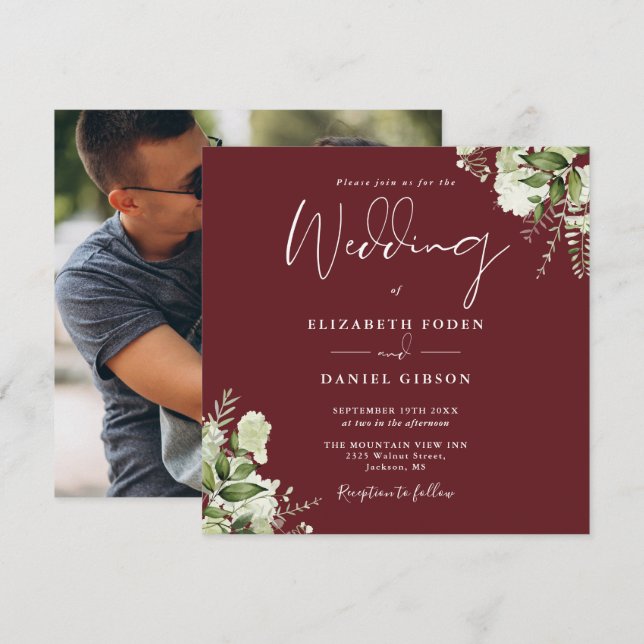 Rosewood Pink Greenery Floral Photo Square Wedding Invitation (Front/Back)
