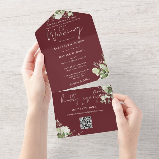 Rosewood Pink Greenery QR Code Formal Wedding All In One Invitation (Tearaway)