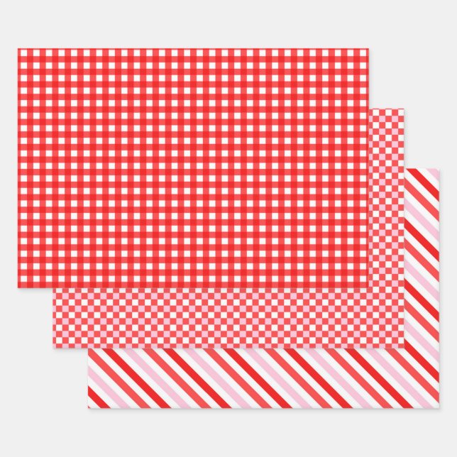 Rosey Red, White, & Pink Romantic Geometric Wrapping Paper Sheet (Set)