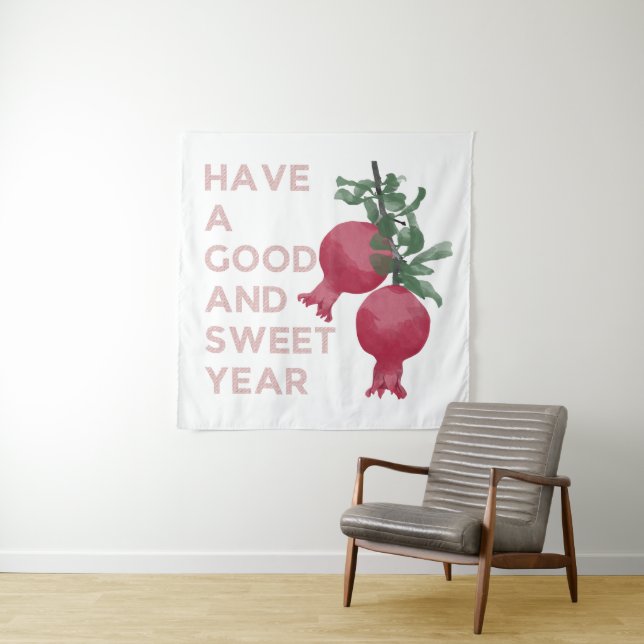 Rosh Hashana Jewish New Year Wishes w. Pomegranate Tapestry (In Situ)