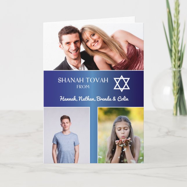 Rosh Hashanah 3 Photo Name Blue Gradient Effect Holiday Card (Front)