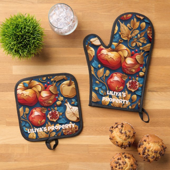 Rosh Hashanah Apples & Pomegranates Oven Mitt & Pot Holder Set (Top Down)